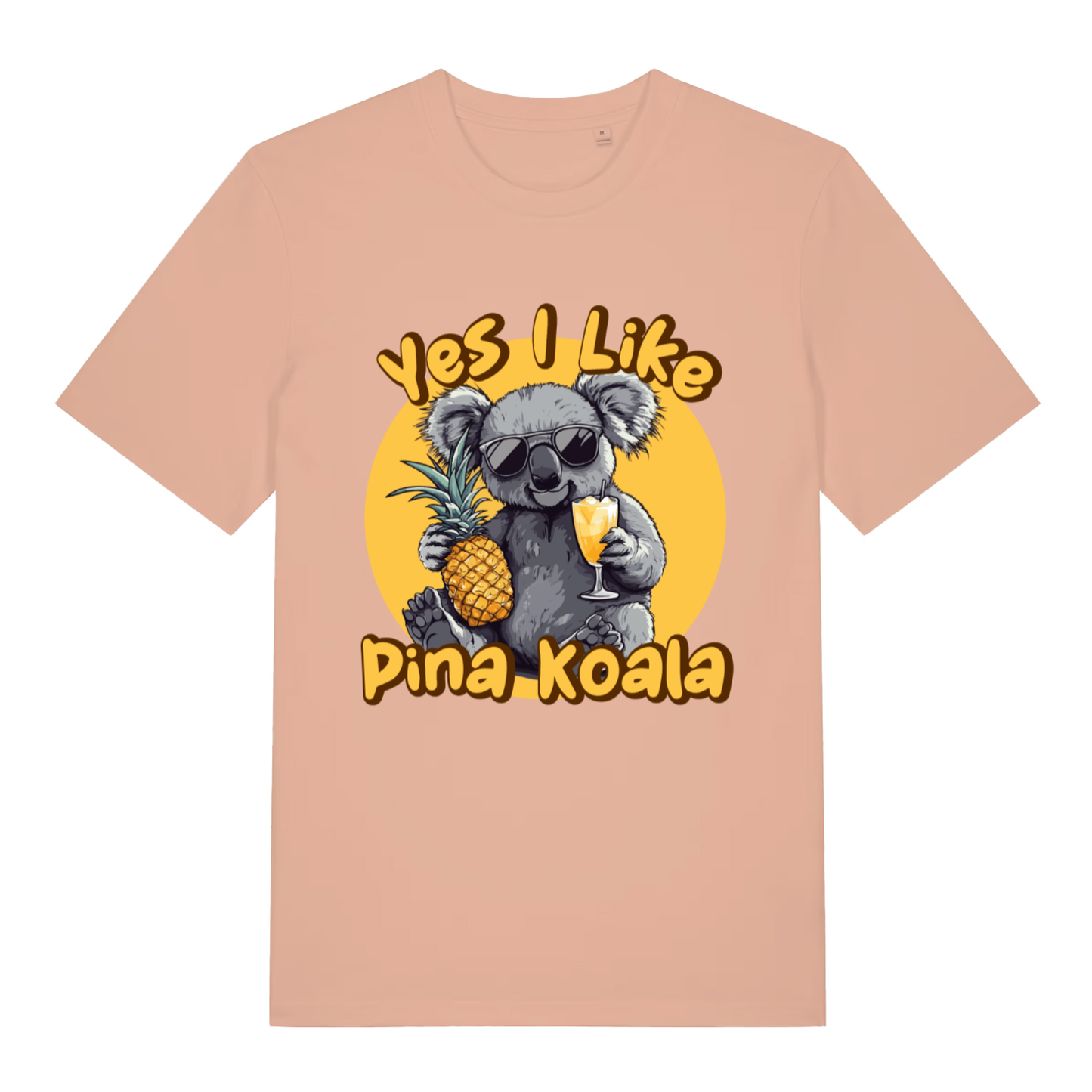 Peach Pina Koala funny graphic t-shirt with bold Yes I Like Pina Koala lettering  