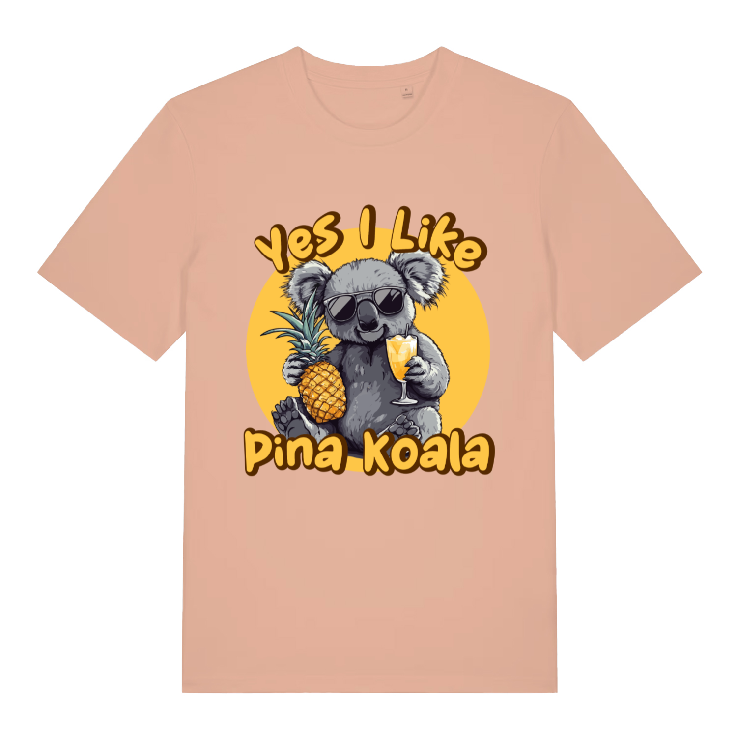 Peach Pina Koala funny graphic t-shirt with bold Yes I Like Pina Koala lettering  