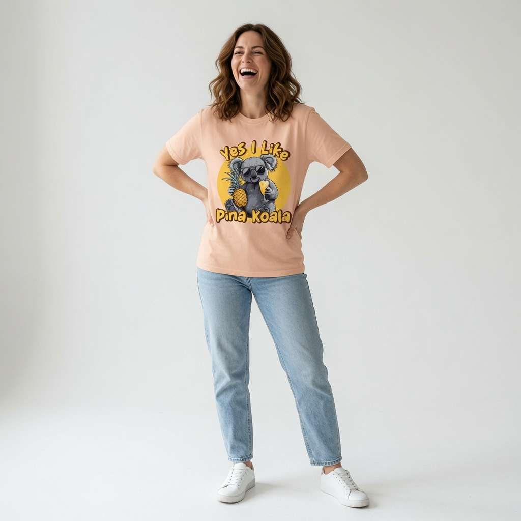Woman laughing with hands on her hips while wearing a peach Yes I Like Pina Koala t-shirt featuring a cool koala in sunglasses holding a pineapple and cocktail, fun and witty ladies pineapple design