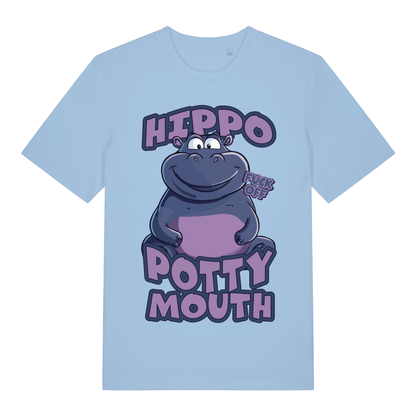 Light blue Hippo Potty Mouth funny graphic t-shirt featuring offensive animal pun  