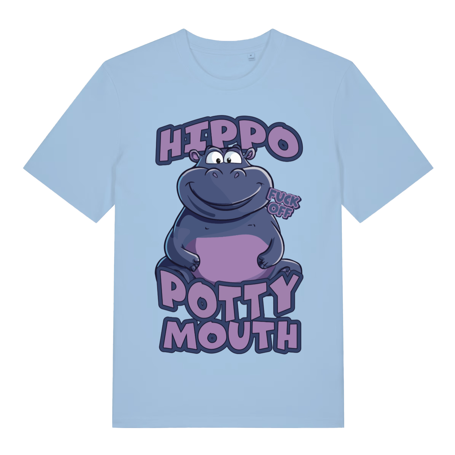 Light blue Hippo Potty Mouth funny graphic t-shirt featuring offensive animal pun  