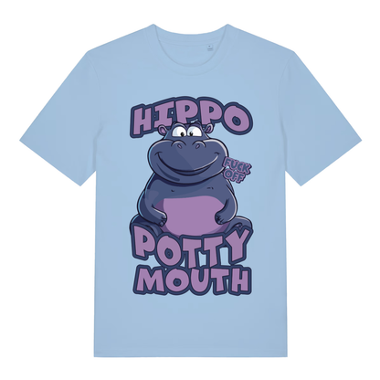 Light blue Hippo Potty Mouth funny graphic t-shirt featuring offensive animal pun  