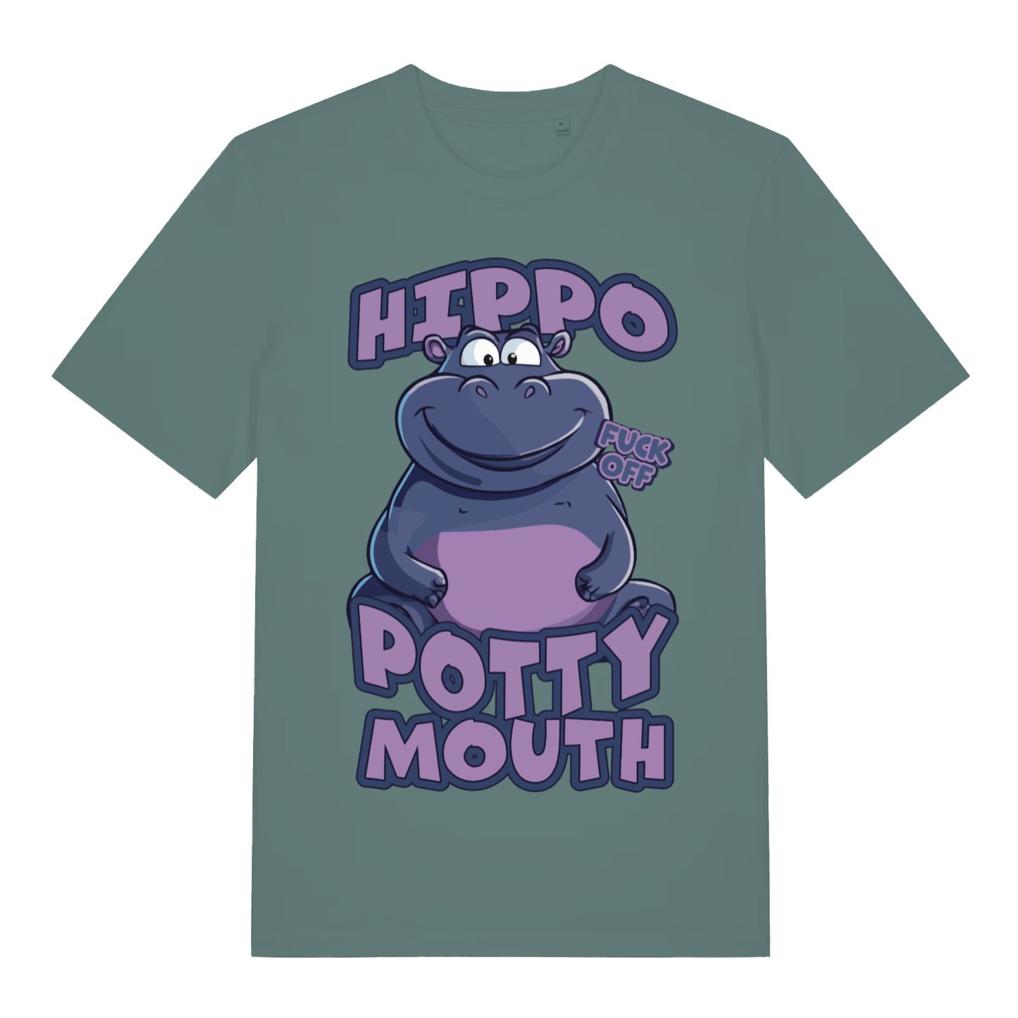 Green Hippo Potty Mouth funny graphic t-shirt with smug cartoon hippo graphic  
