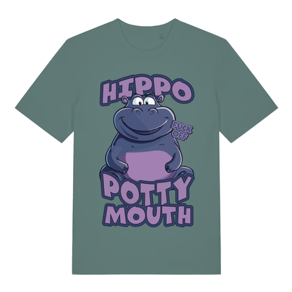 Green Hippo Potty Mouth funny graphic t-shirt with smug cartoon hippo graphic  