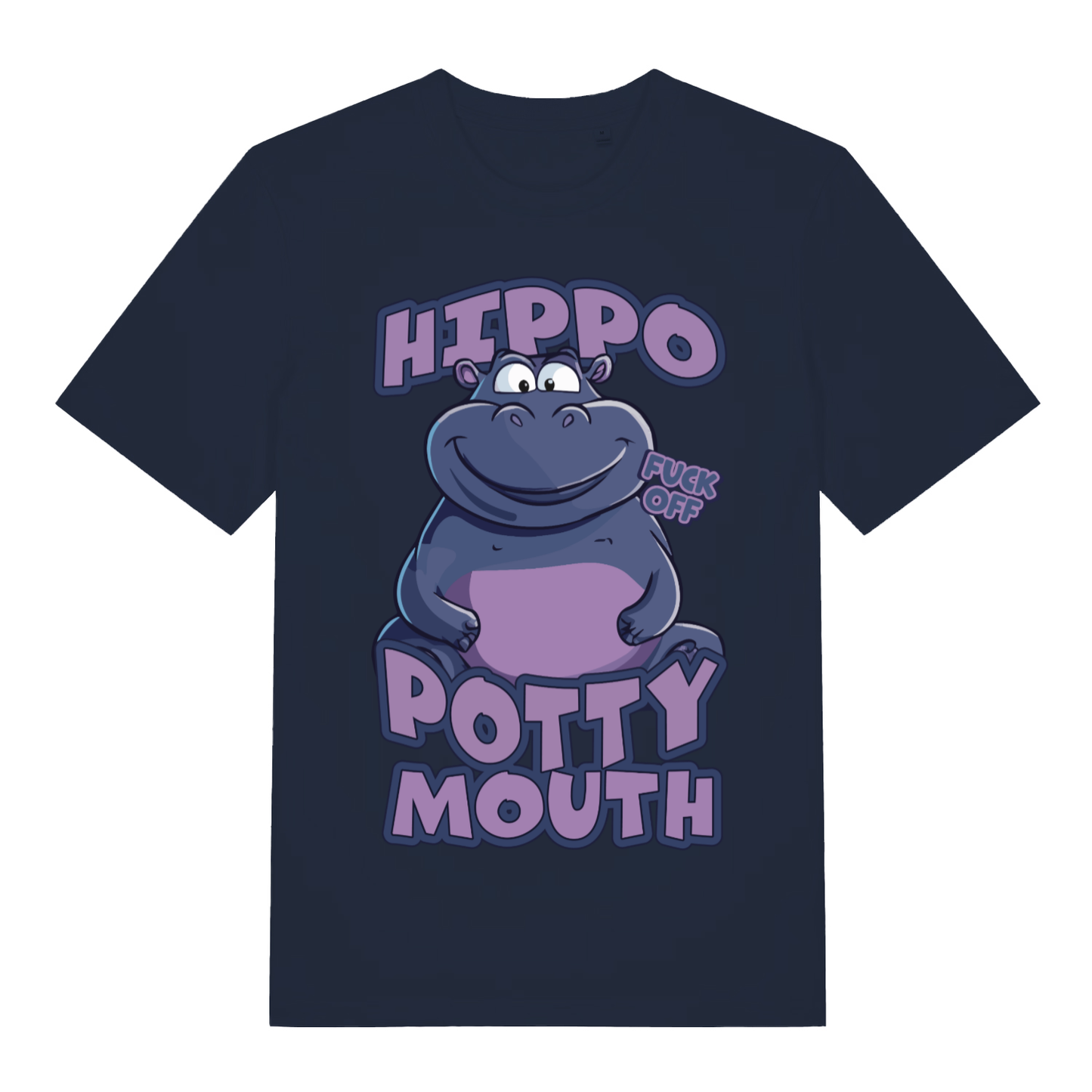 Navy Hippo Potty Mouth funny graphic t-shirt showing bold potty mouth lettering  
