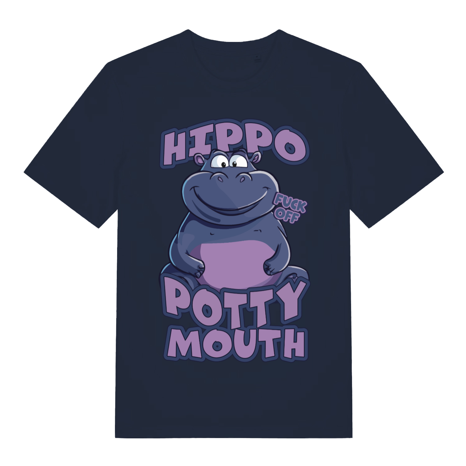 Navy Hippo Potty Mouth funny graphic t-shirt showing bold potty mouth lettering  