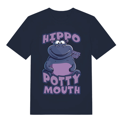 Navy Hippo Potty Mouth funny graphic t-shirt showing bold potty mouth lettering  