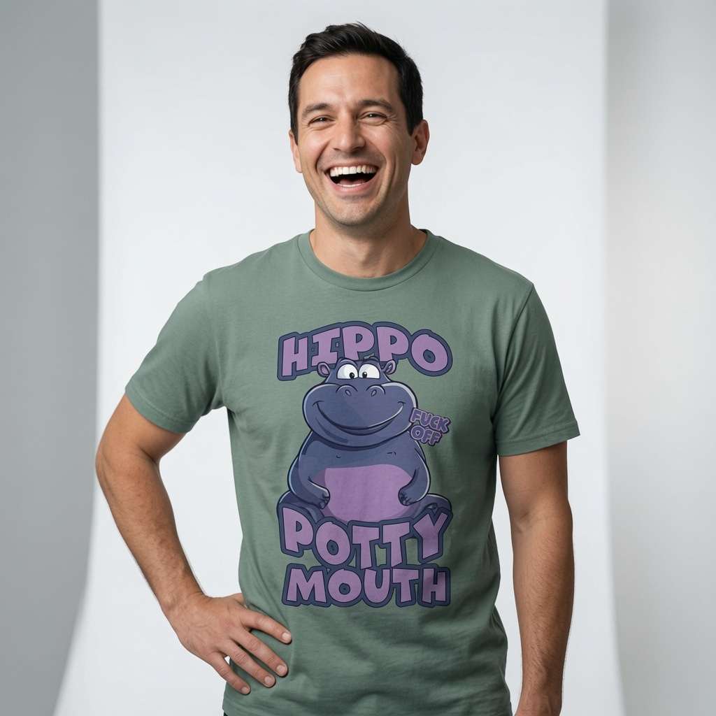 Man laughing with one hand on his hip while wearing a stone green Hippo Potty Mouth t-shirt, fun and rude offensive mens hippo graphic full of pure attitude