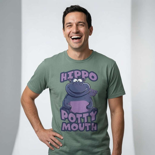 Man laughing with one hand on his hip while wearing a stone green Hippo Potty Mouth t-shirt, fun and rude offensive mens hippo graphic full of pure attitude