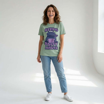 Woman laughing while wearing an aloe green Hippo Potty Mouth t-shirt, funny and witty offensive hippo graphic full of pure attitude