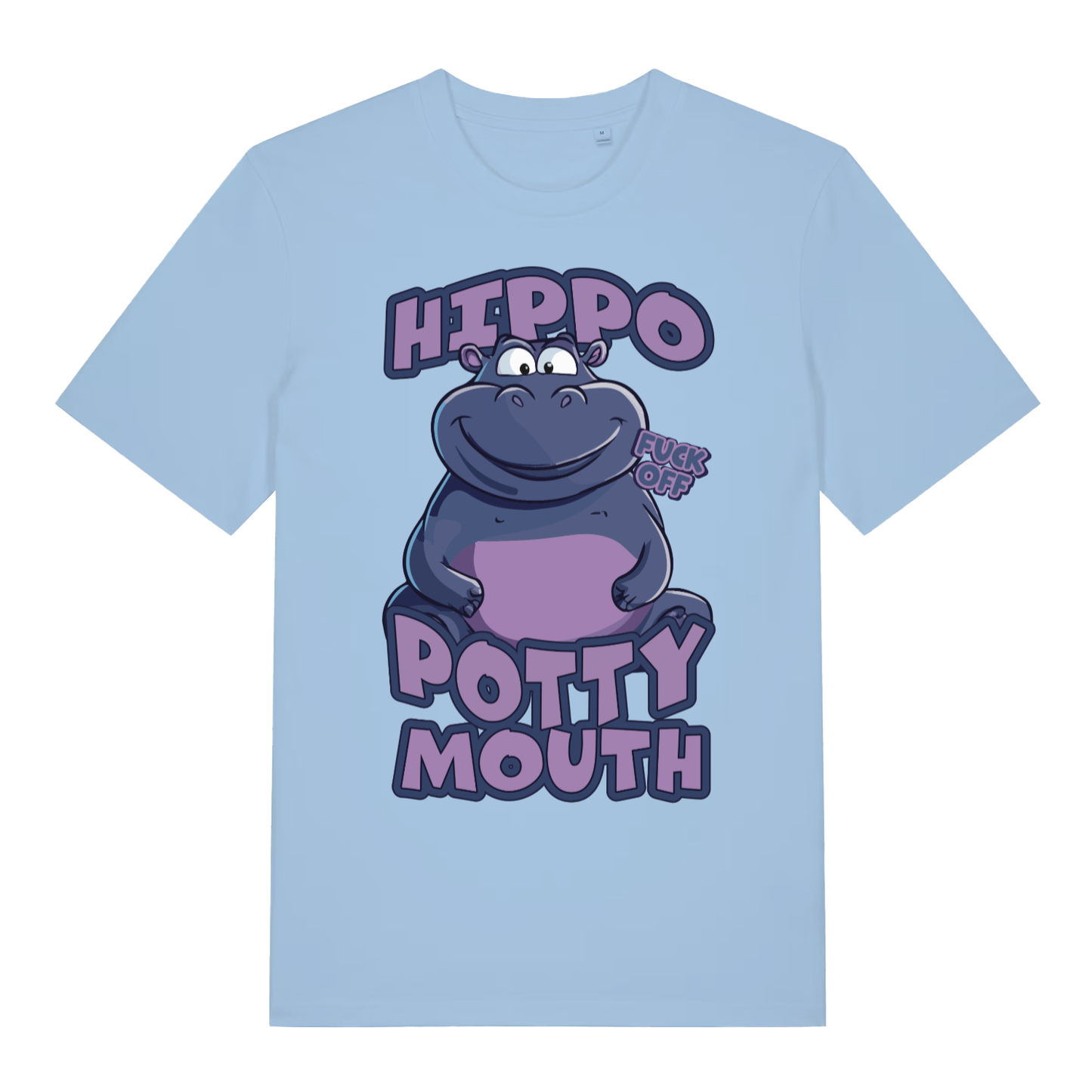 Light blue Hippo Potty Mouth funny graphic t-shirt featuring offensive animal pun  