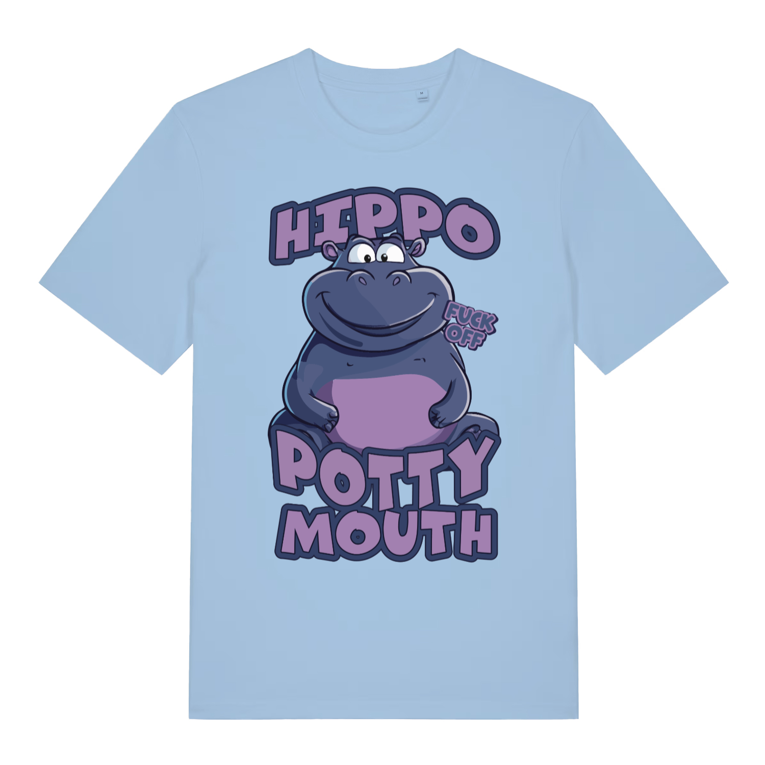 Light blue Hippo Potty Mouth funny graphic t-shirt featuring offensive animal pun  