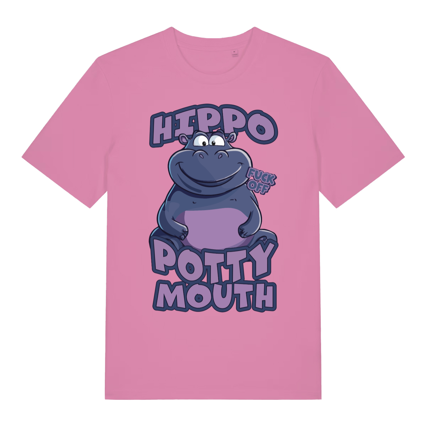 Pink Hippo Potty Mouth funny graphic t-shirt with smug cartoon hippo graphic  