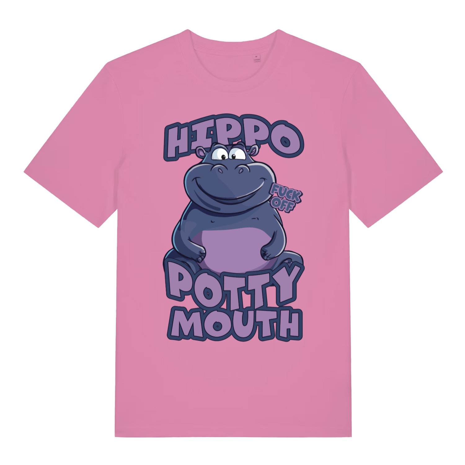 Pink Hippo Potty Mouth funny graphic t-shirt with smug cartoon hippo graphic  
