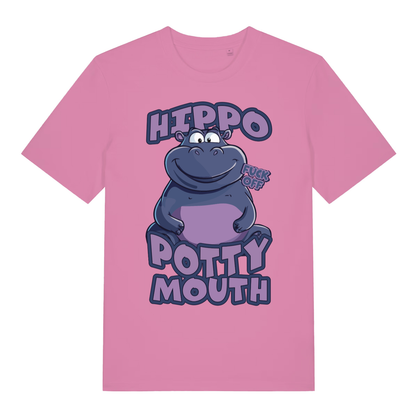 Pink Hippo Potty Mouth funny graphic t-shirt with smug cartoon hippo graphic  