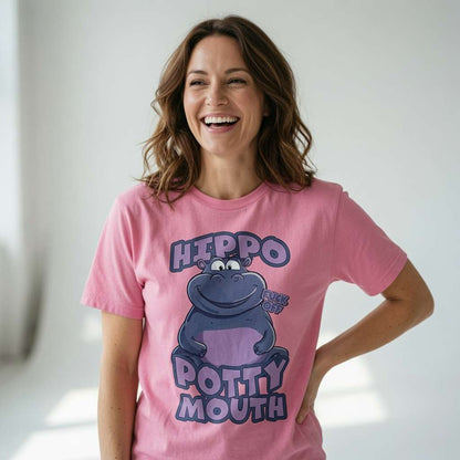 Woman laughing with one hand on her hip in a bubble pink Hippo Potty Mouth t-shirt, funny and witty rude animal graphic that every cheeky woman will claim
