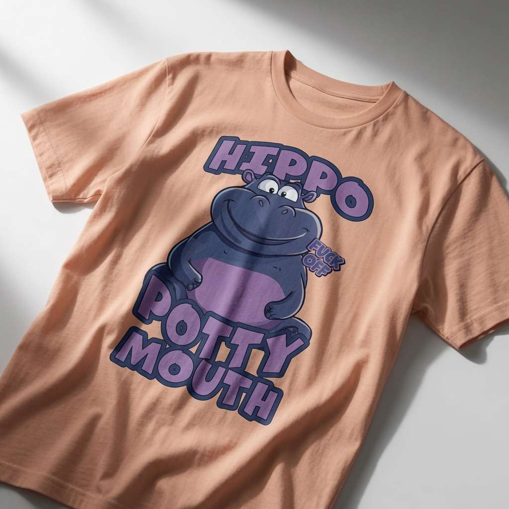 Peach Hippo Potty Mouth t-shirt laid flat featuring a smiling cartoon hippo with a “Fuck Off” speech bubble and the text “Hippo Potty Mouth”, funny and witty offensive animal graphic design