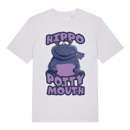 White Hippo Potty Mouth funny graphic t-shirt with vibrant rude animal artwork  