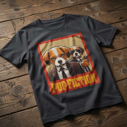 Dark grey Pup Fiction t-shirt laid flat on a wooden surface showing the full two-puppies-in-suits graphic, fun and witty offensive dog design that every film fan will claim
