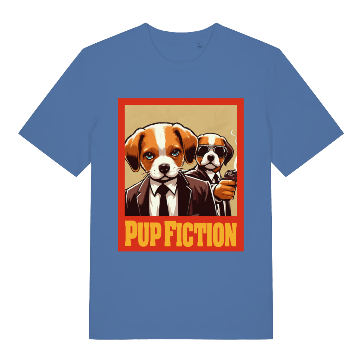 Bright blue Pup Fiction funny graphic t-shirt featuring cheeky dog film mash-up  