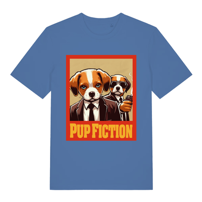 Bright blue Pup Fiction funny graphic t-shirt featuring cheeky dog film mash-up  