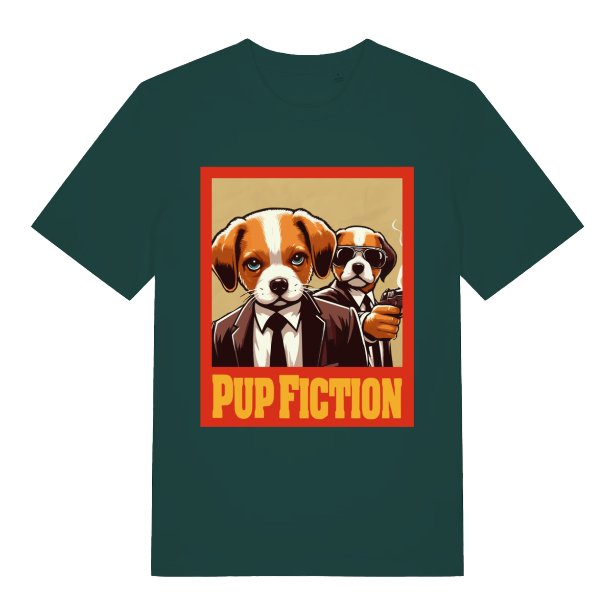 Green Pup Fiction funny graphic t-shirt with suited beagles graphic  