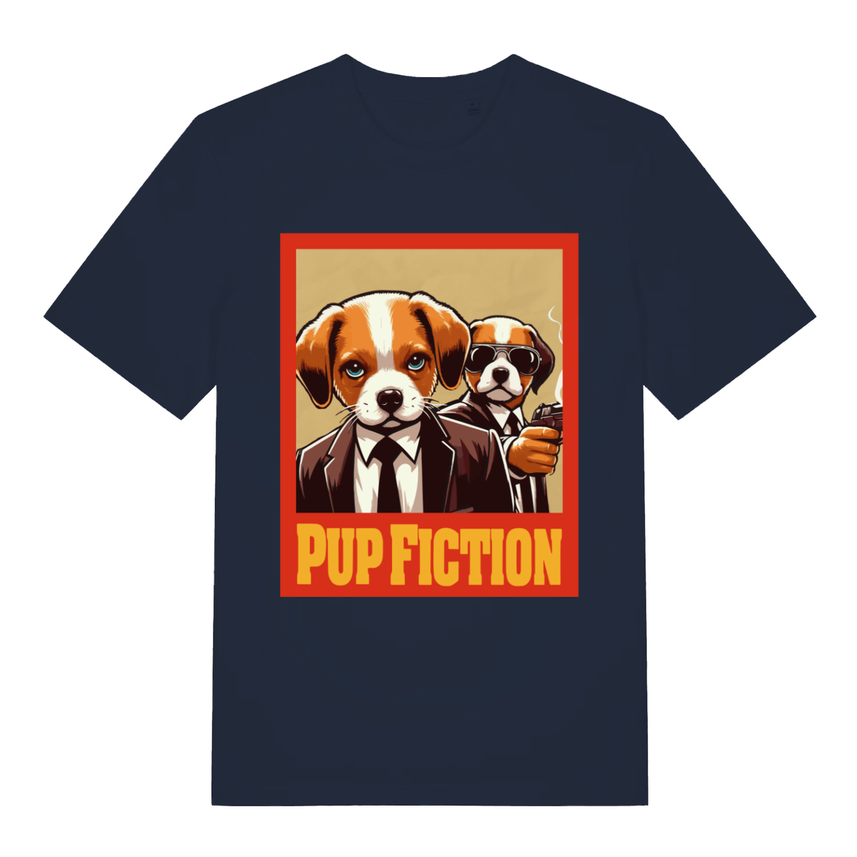 Navy Pup Fiction funny graphic t-shirt showing bold Pup Fiction lettering  
