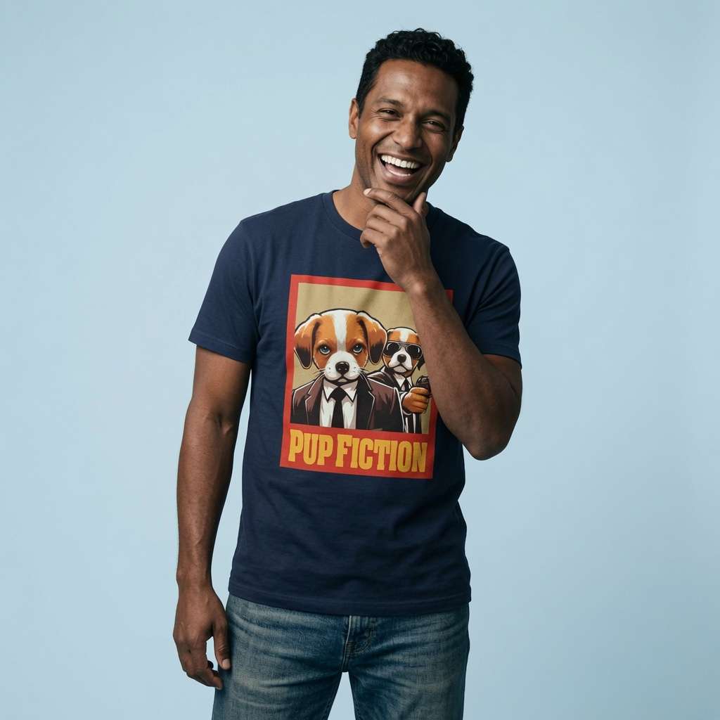 Man laughing with one hand near his chin while wearing a navy Pup Fiction t-shirt featuring two puppies in suits styled like a classic movie poster, funny retro y2k witty pup graphic