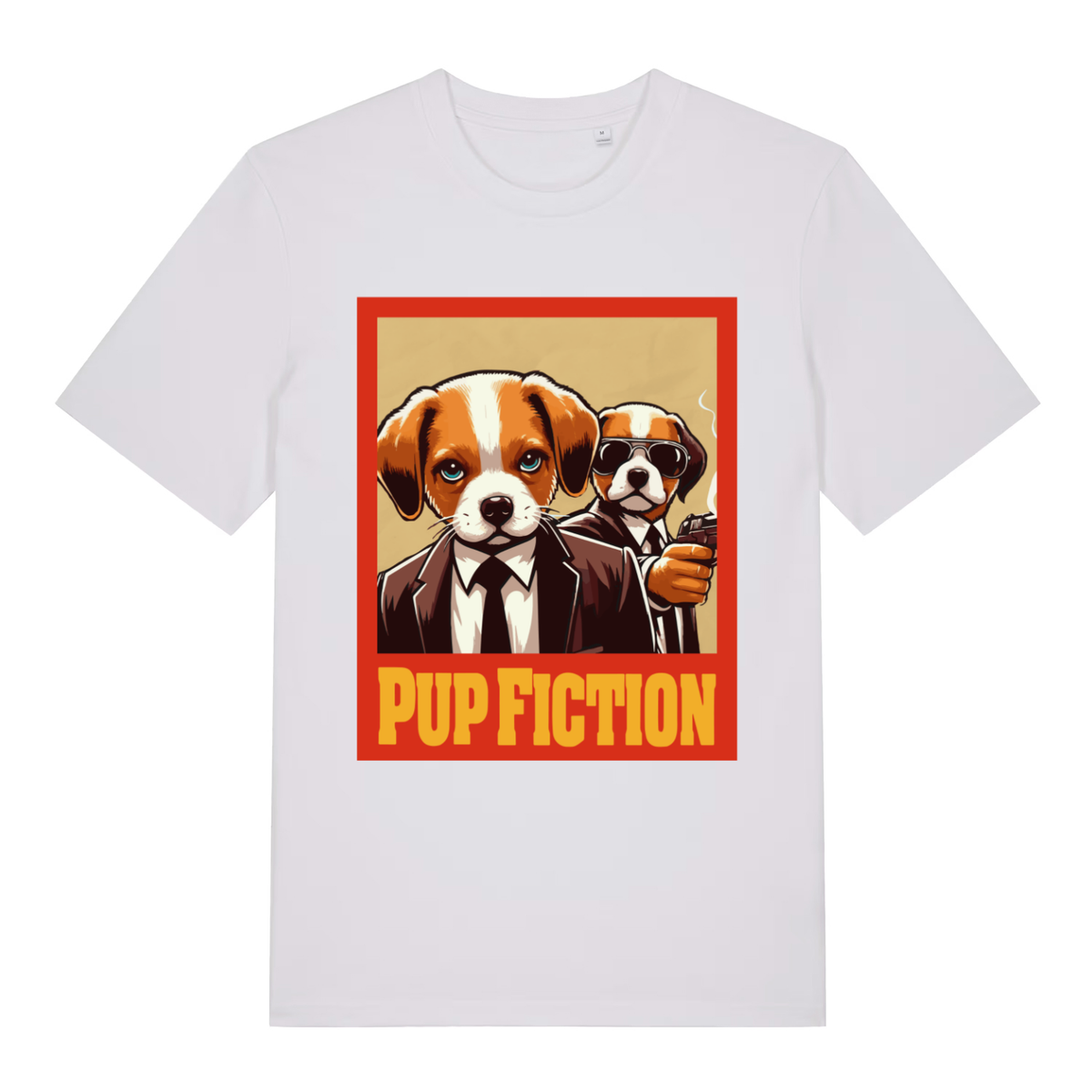 White Pup Fiction funny graphic t-shirt with vibrant dog movie artwork  