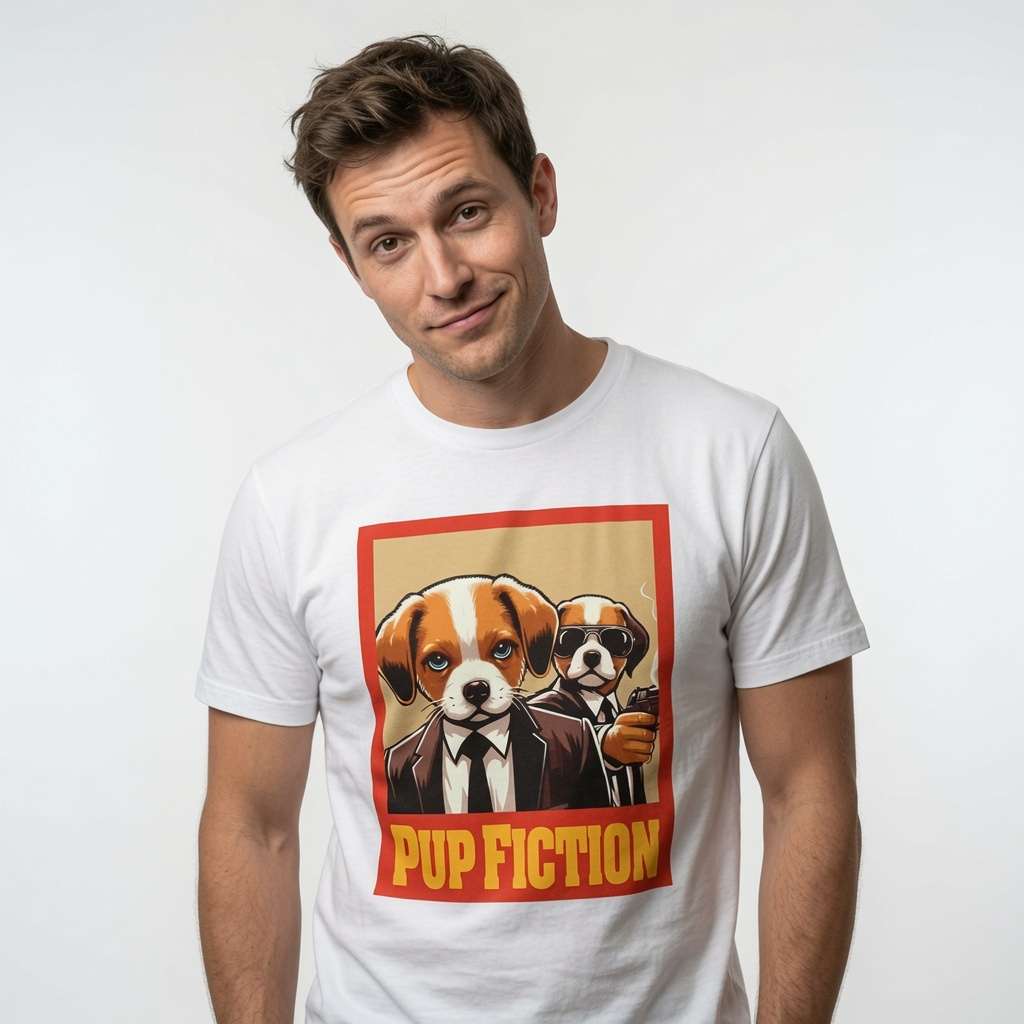 Man tilting his head with a slight smile in a white Pup Fiction t-shirt, fun and witty puppy graphic full of pure cool