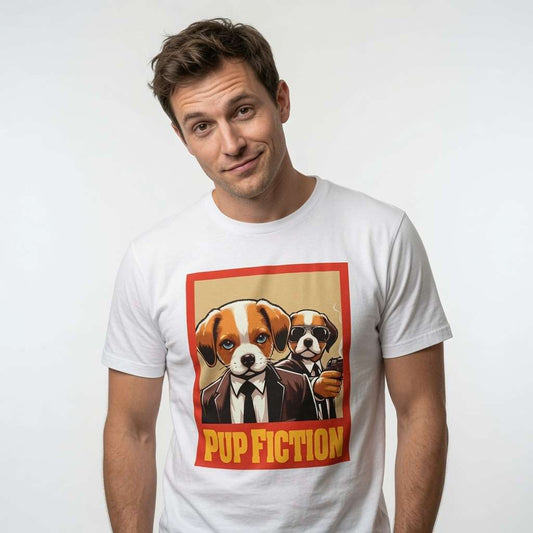 Man tilting his head with a slight smile in a white Pup Fiction t-shirt, fun and witty puppy graphic full of pure cool