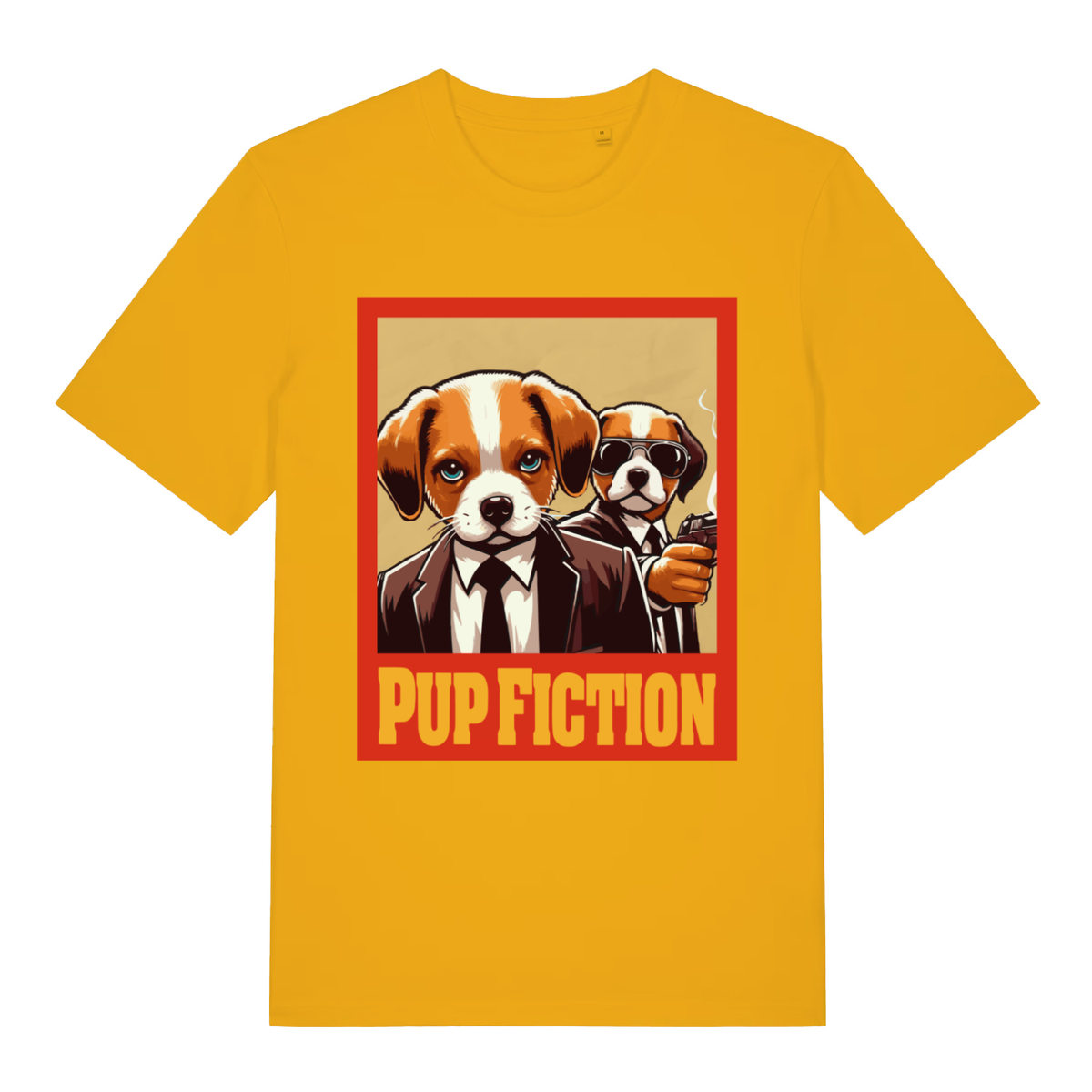 Yellow Pup Fiction funny graphic t-shirt featuring ultimate cheeky puppy parody design  