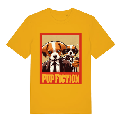 Yellow Pup Fiction funny graphic t-shirt featuring ultimate cheeky puppy parody design  