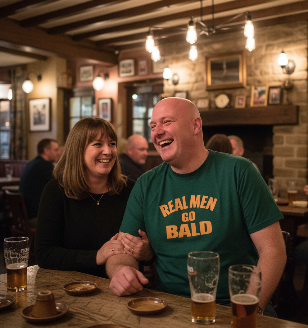 Two people sitting at a bar, one wearing a 'Real Men Go Bald' shirt, with drinks and a cozy atmosphere.
