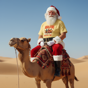 Person dressed as Santa Claus  wearing a unique Christmas tshirt, riding a camel in the desert