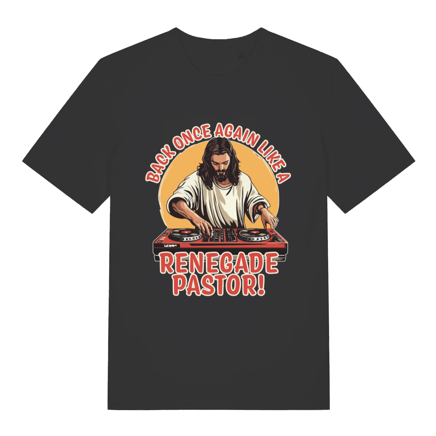 Black Renegade Pastor funny graphic t-shirt with Jesus DJ design  