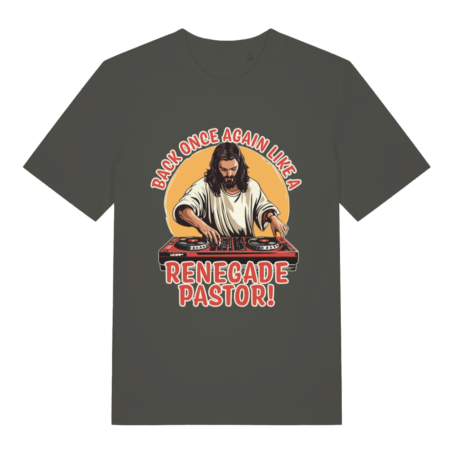 Khaki Renegade Pastor funny graphic t-shirt featuring cheeky Jesus on decks  