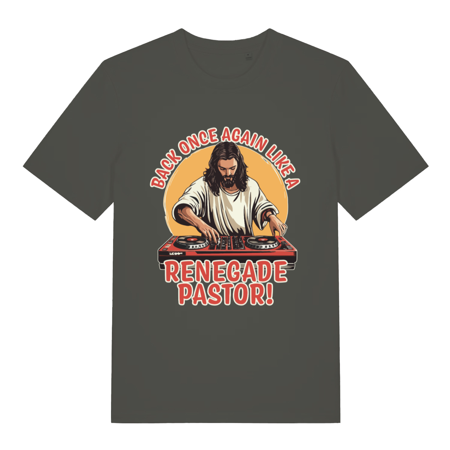 Khaki Renegade Pastor funny graphic t-shirt featuring cheeky Jesus on decks  