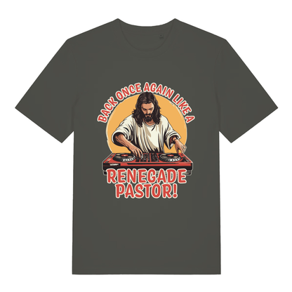 Khaki Renegade Pastor funny graphic t-shirt featuring cheeky Jesus on decks  
