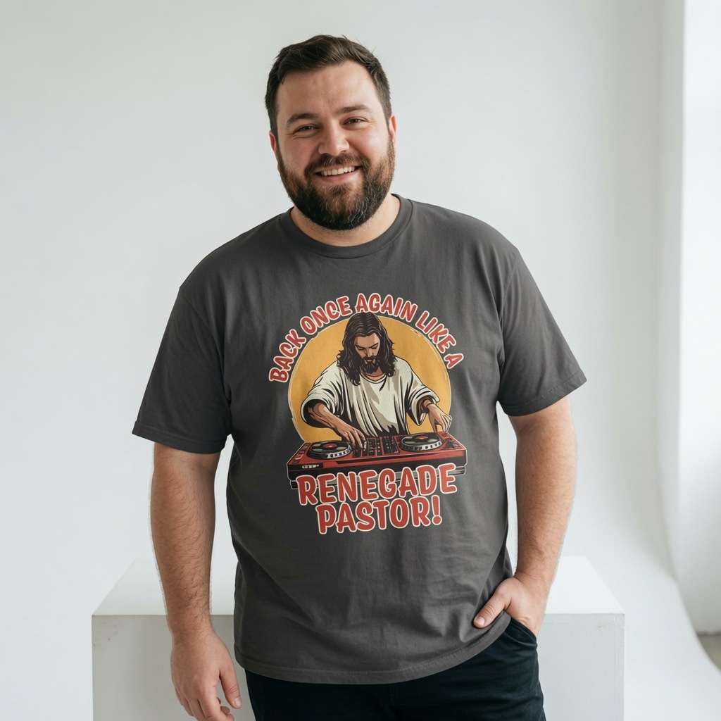 Bearded man smiling with hands in pockets in a dark grey Back Once Again Like a Renegade Pastor! t-shirt, funny and witty mens Jesus-inspired graphic full of pure energy