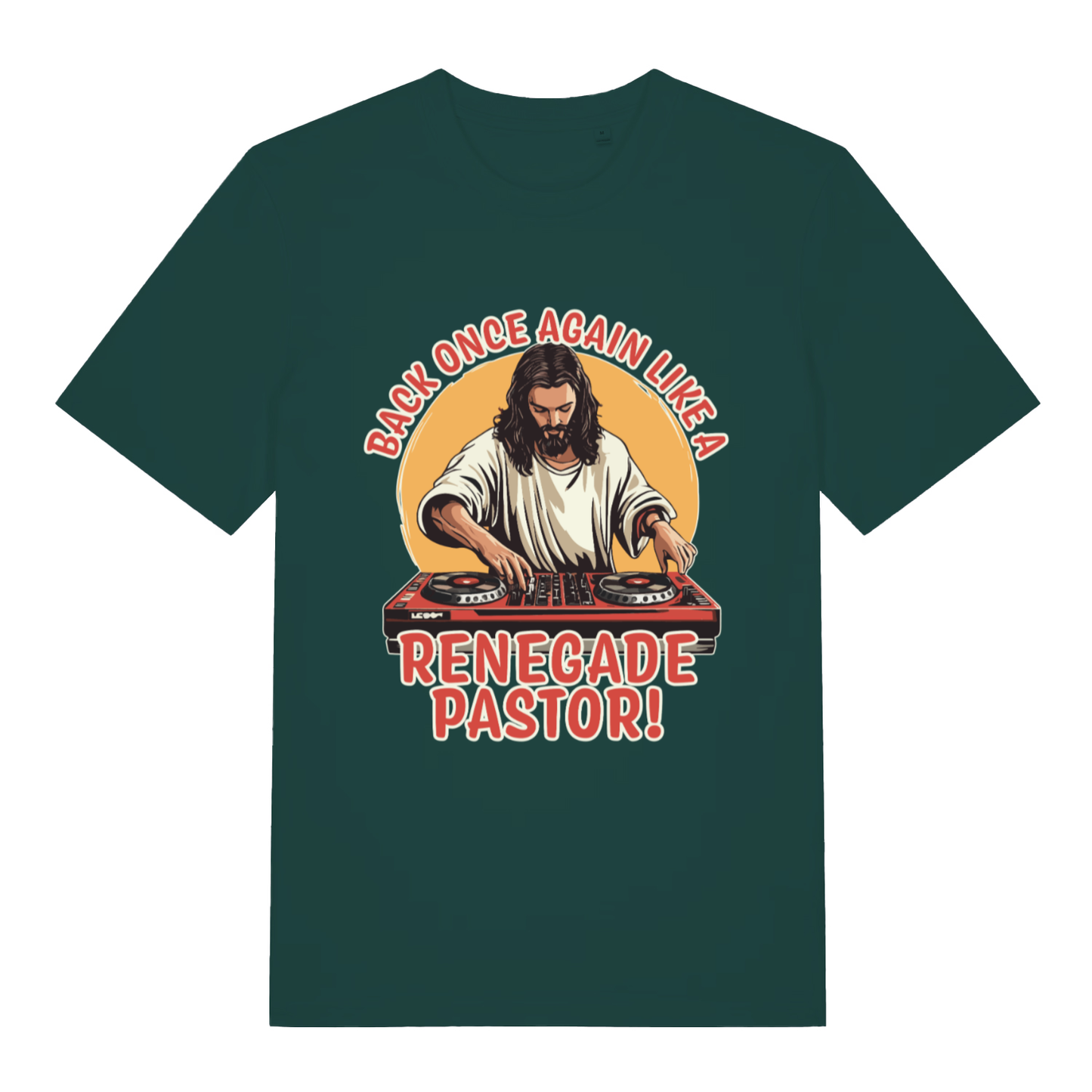 Green Renegade Pastor funny graphic t-shirt with bold renegade pastor lettering  