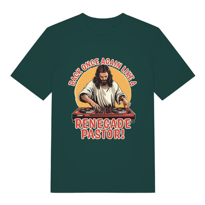 Green Renegade Pastor funny graphic t-shirt with bold renegade pastor lettering  