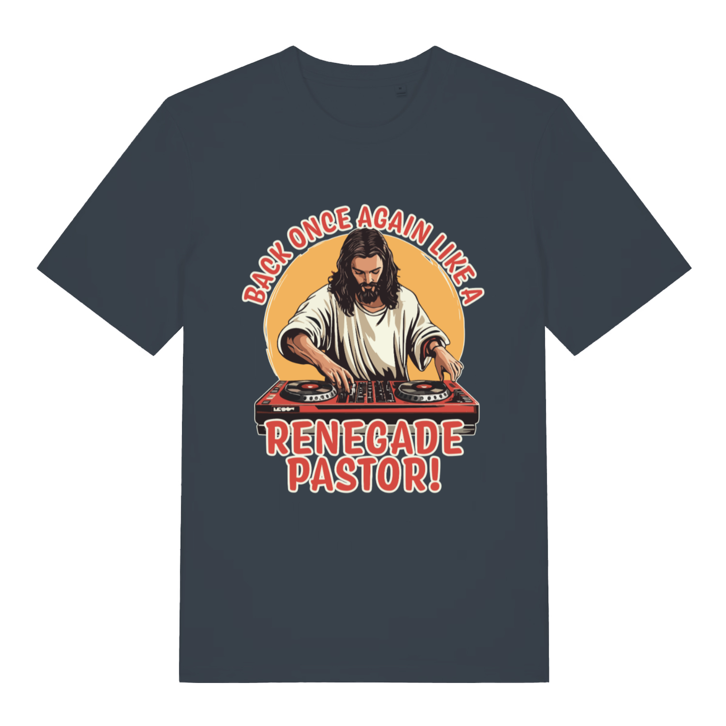 Ink grey Renegade Pastor funny graphic t-shirt showing classic Jesus DJ artwork  