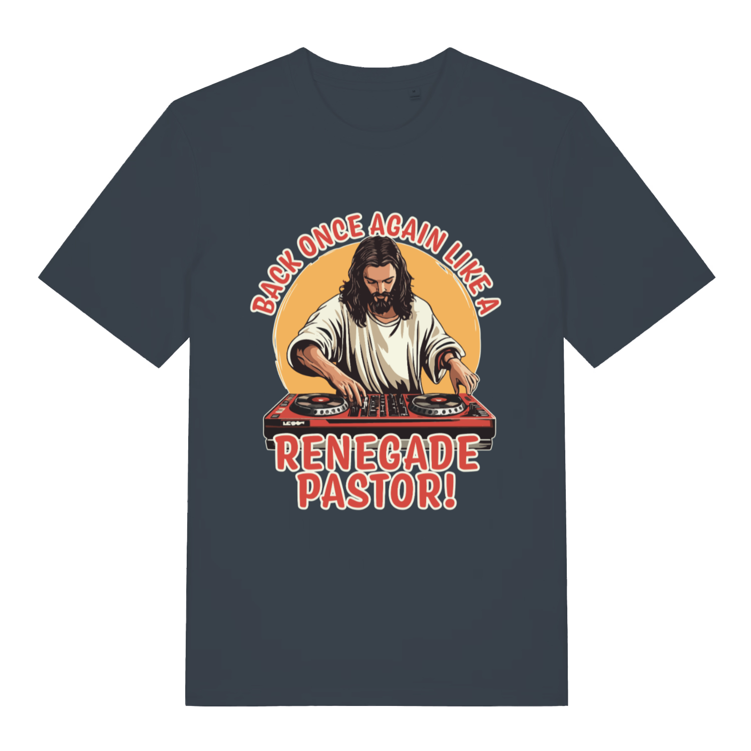 Ink grey Renegade Pastor funny graphic t-shirt showing classic Jesus DJ artwork  