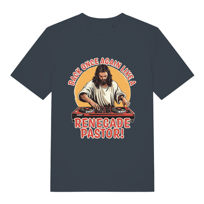 Ink grey Renegade Pastor funny graphic t-shirt showing classic Jesus DJ artwork  