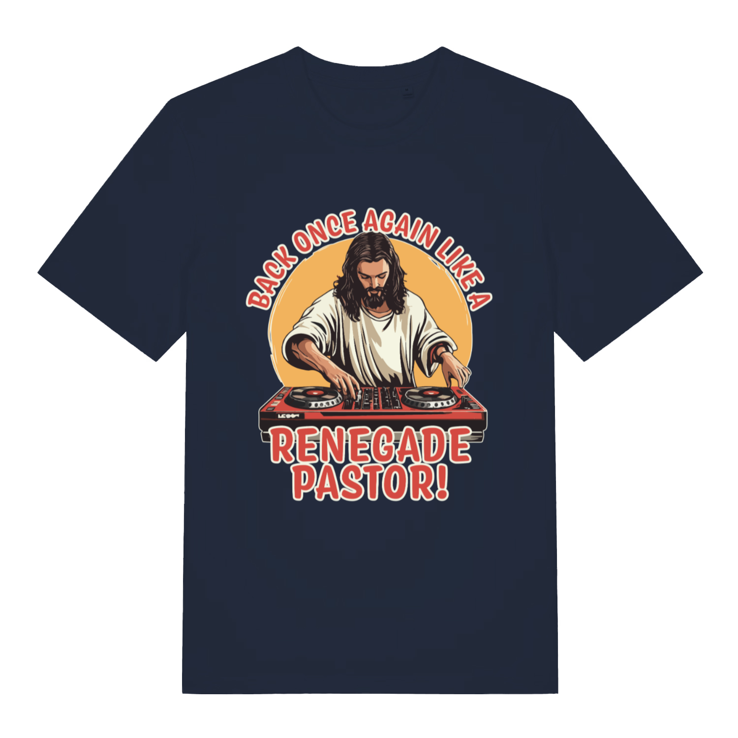 Navy Renegade Pastor funny graphic t-shirt with vibrant music mashup graphic  