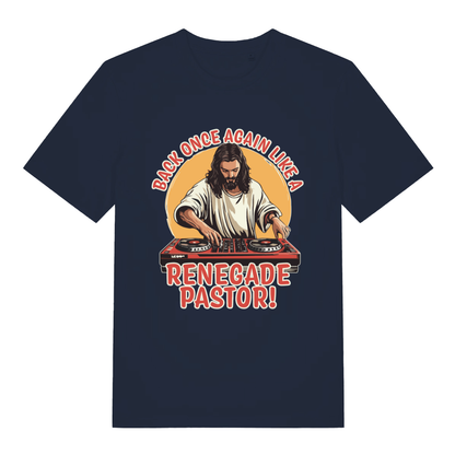 Navy Renegade Pastor funny graphic t-shirt with vibrant music mashup graphic  