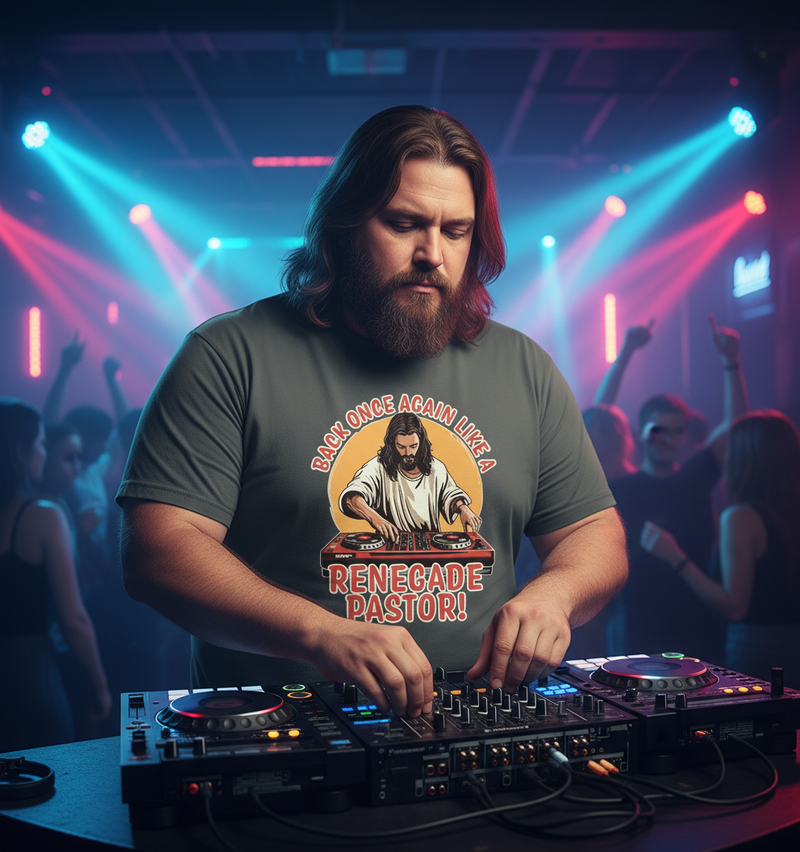 Man operating DJ equipment with a funny graphic t-shirt in a concert setting