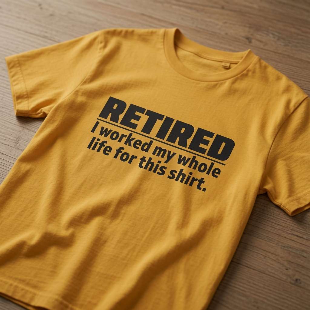 Mustard yellow RETIRED – I worked my whole life for this shirt. t-shirt laid flat on a wooden surface with bold black text, funny mens witty retirement age slogan gift