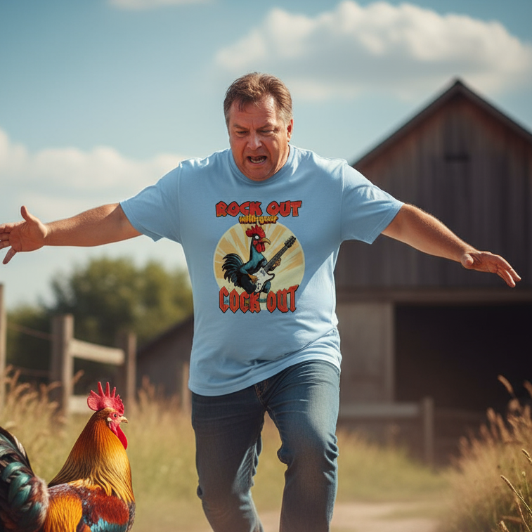 Man wearing a t-shirt with a rooster graphic and 'Rock Out with your Cock Out' text, standing in a field with a rooster.